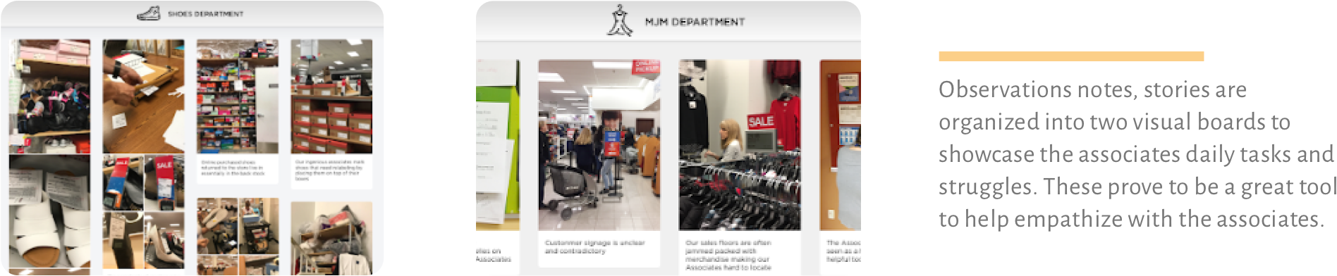 Visual boards turning observation notes and stories into associates' daily tasks and struggles.