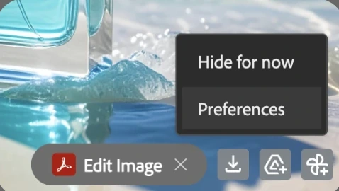 Current production: a grey menu with Hide for now and Preferences above the Edit image pill.