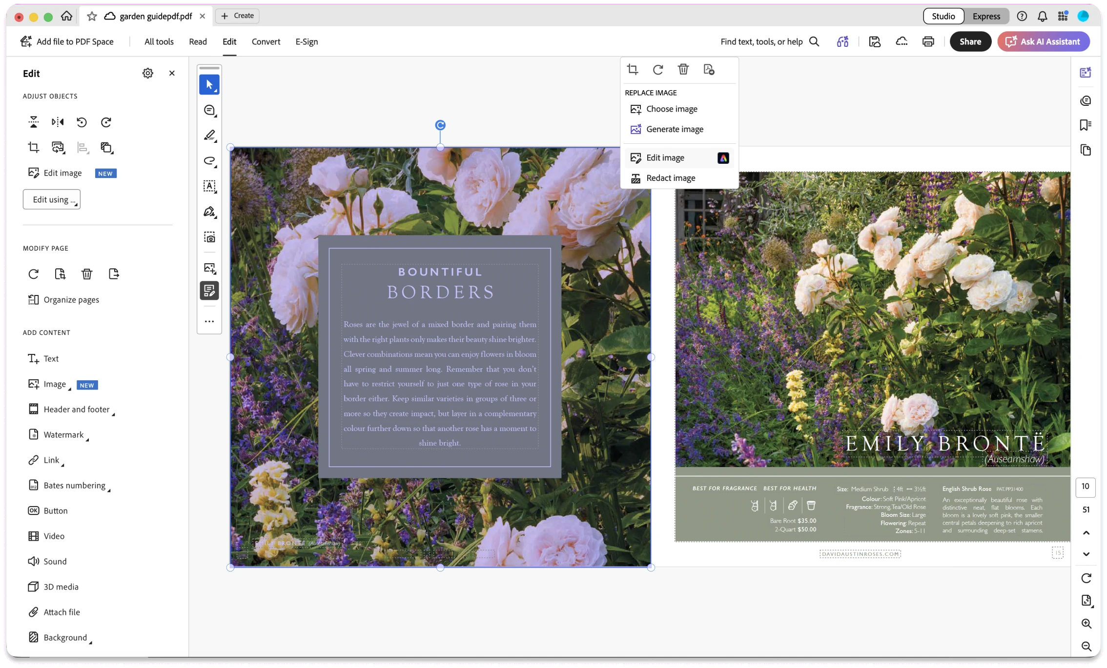 After: selecting an image in a PDF opens a contextual panel with Edit image at the top.