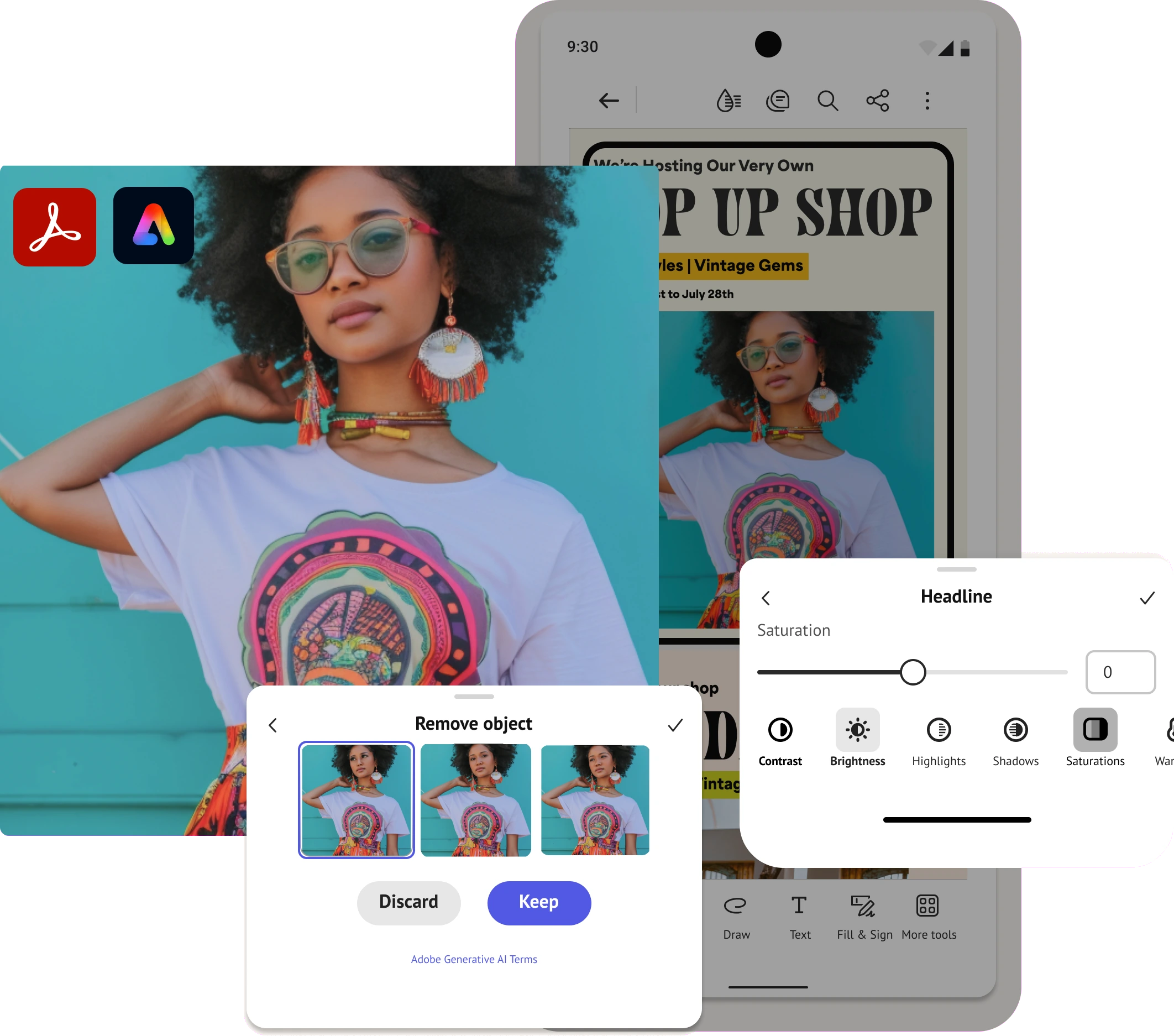 Acrobat mobile: a photo being edited with Remove object and adjustment sliders.