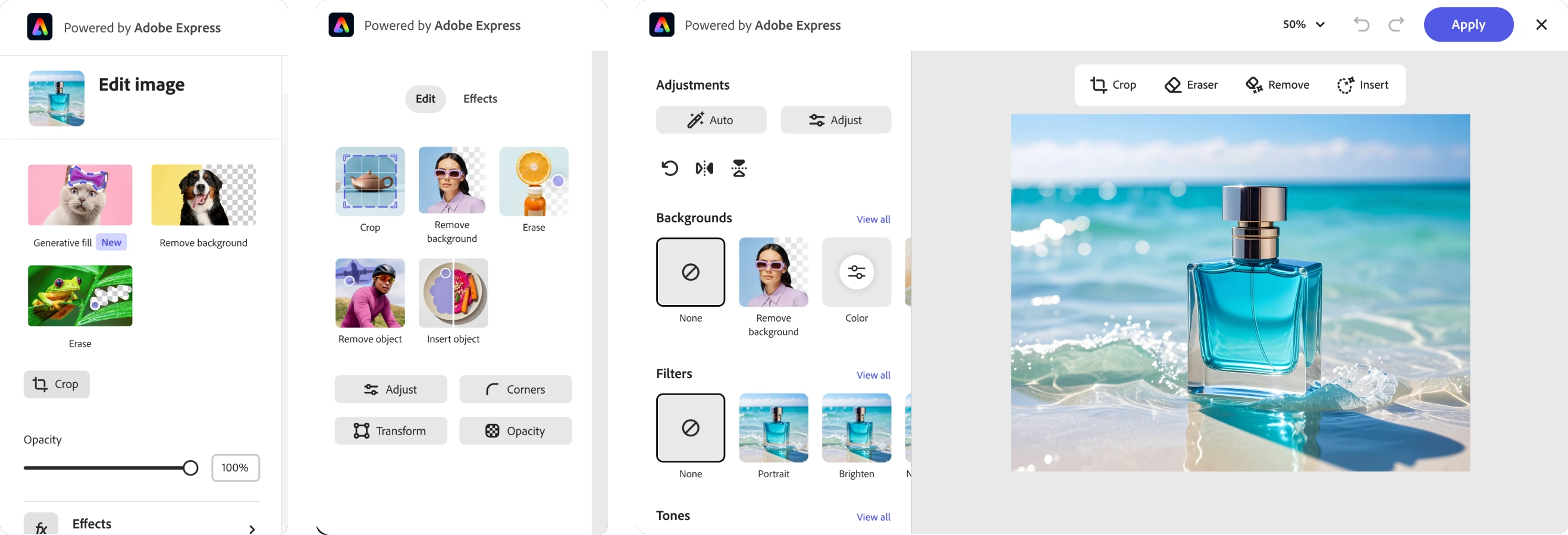 Versions 1, 2 and 3 of the edit image module side by side, with the tools reorganized in each.
