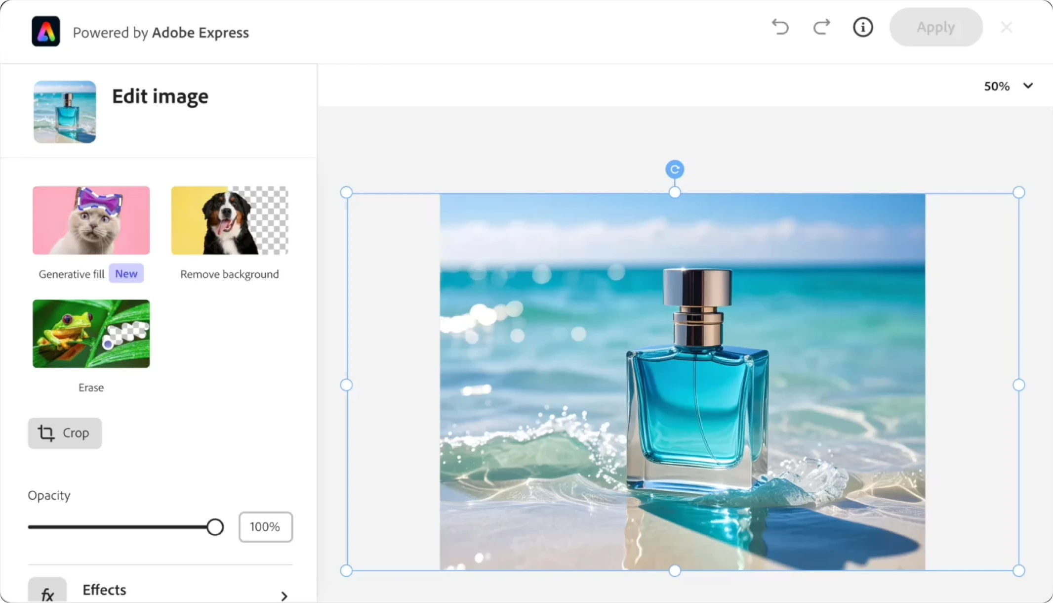 The edit image module powered by Adobe Express, with Generative fill, Remove background, Erase and Crop.