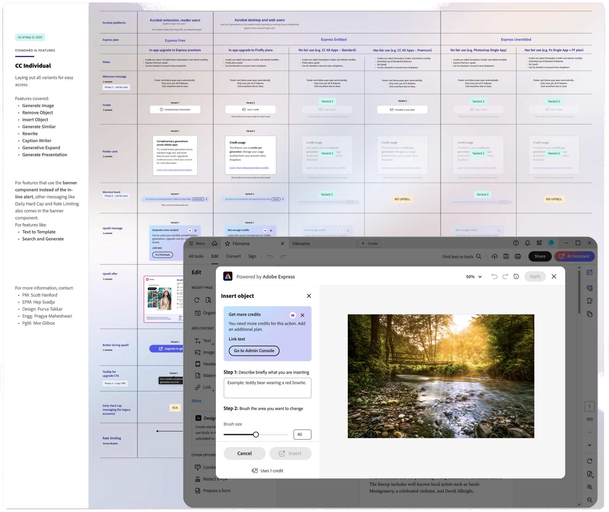 Matrix mapping generative features against Acrobat, Express and Creative Cloud plans, beside an Insert object dialog with a credits message.