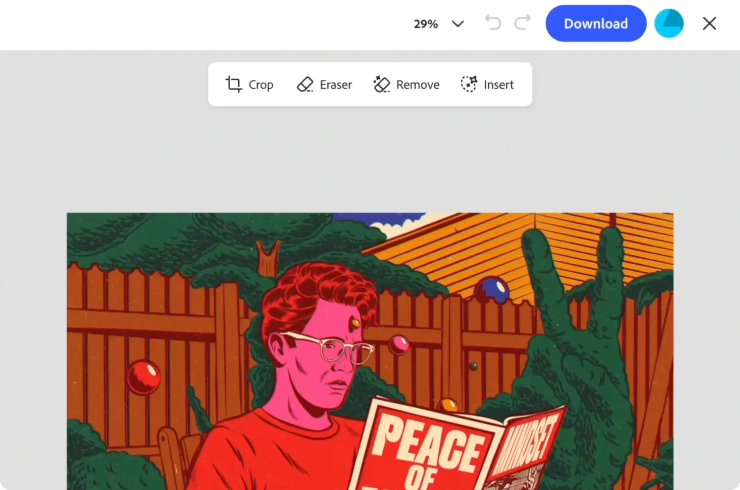 The latest Remove object experience: Crop, Eraser, Remove and Insert in a contextual toolbar above the image.