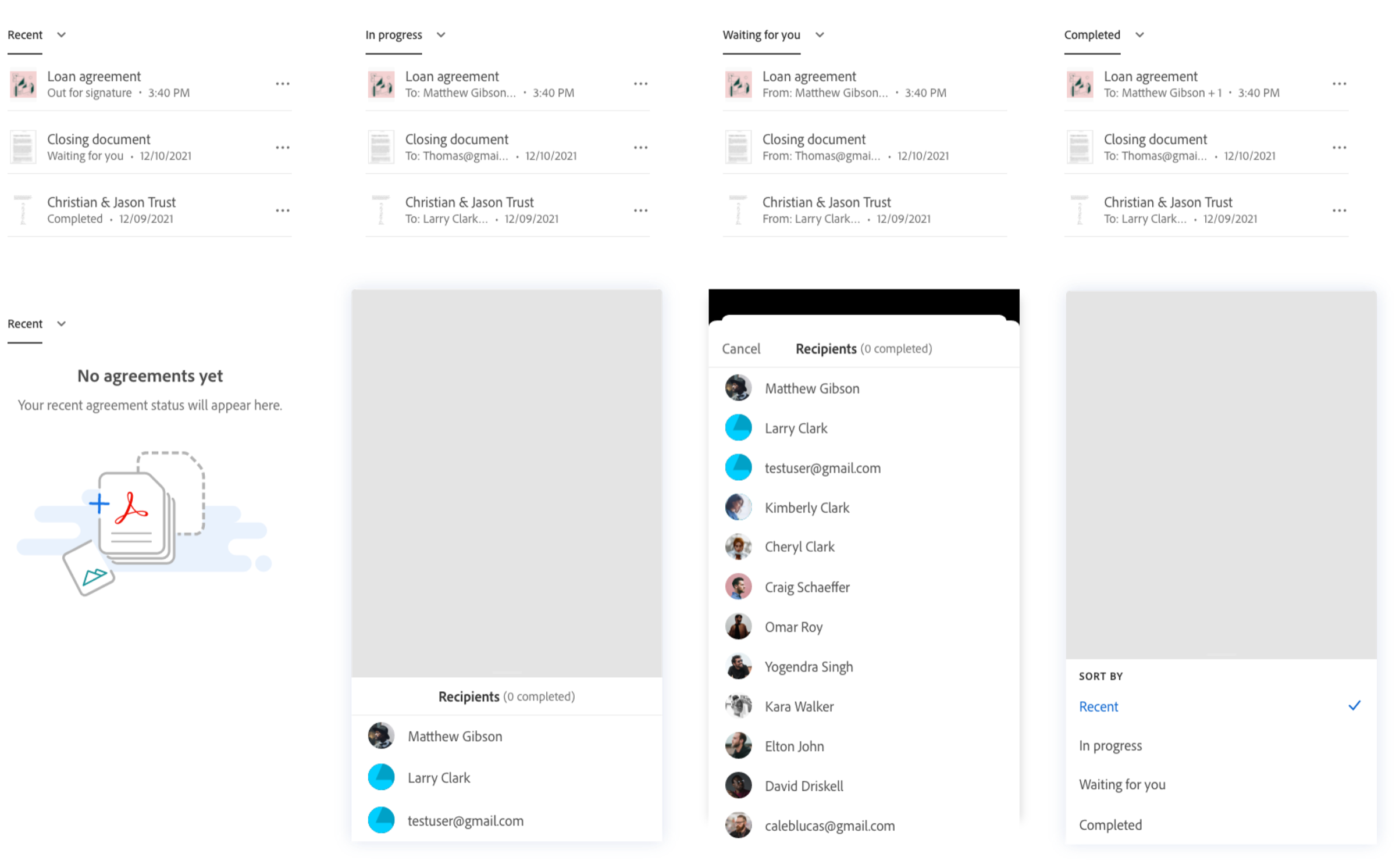 MVP mobile design for the agreement status section.