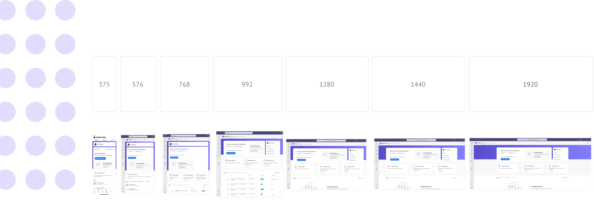 Responsive layout specs showing how screens reflow across breakpoints.